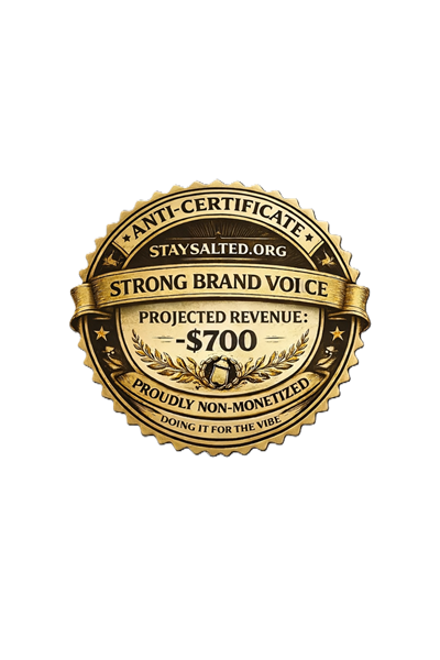 ANTI-CERTIFICATE: StaySalted.org - Strong Brand Voice - Projected Revenue: $700 - Proudly Non-Monetized - Doing It For The Vibe